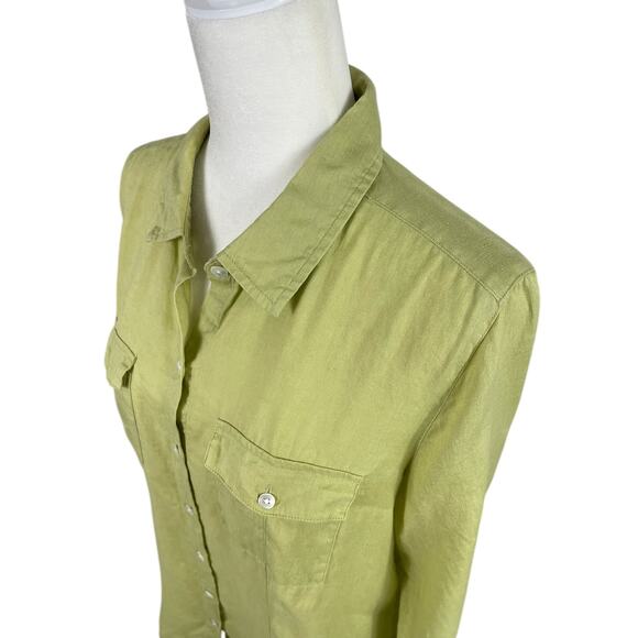 J. Jill Love Linen Button Front Shirt Long Sleeves Pockets Chartreuse Sz Medium - Picture 4 of 12